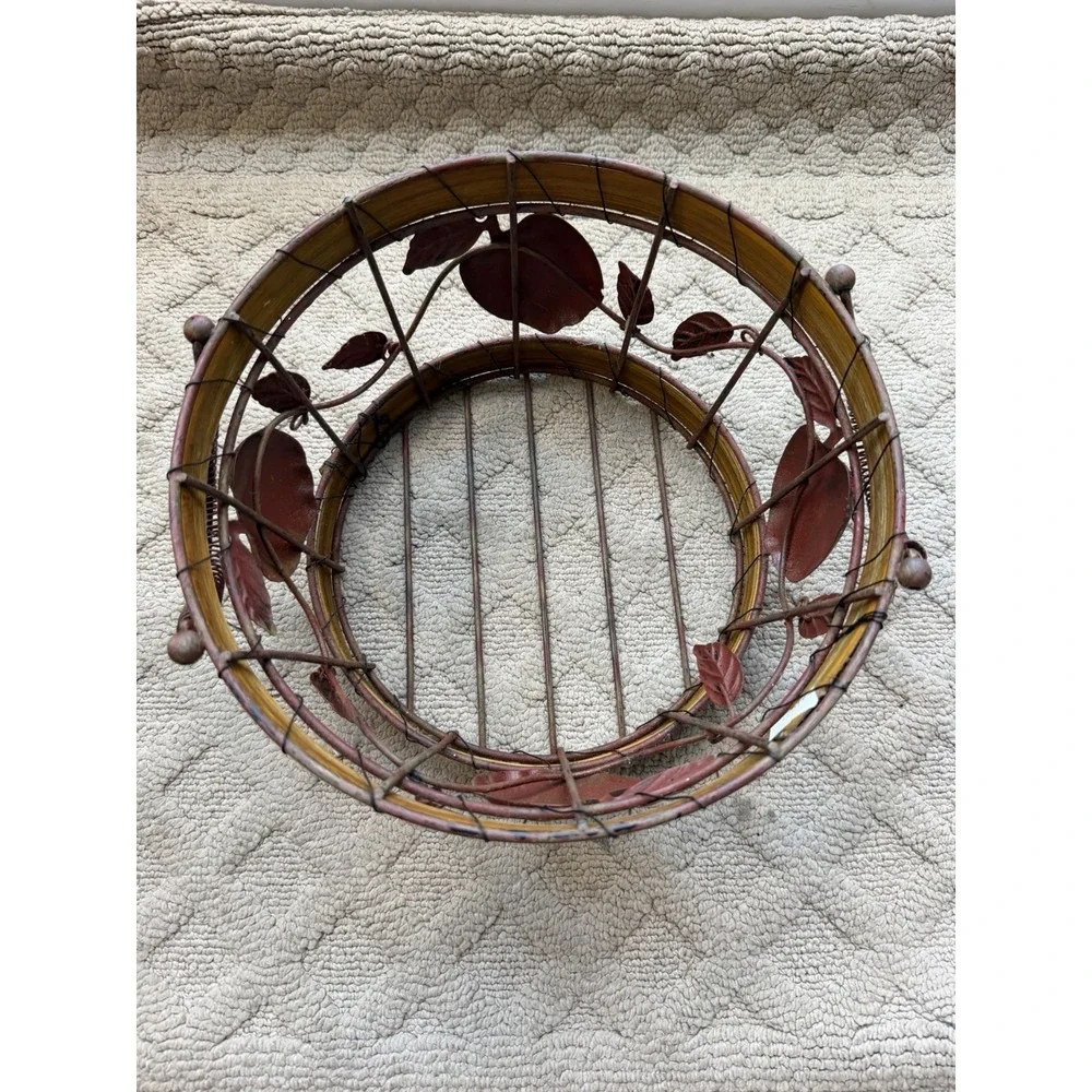 Rustic Metal And Wood Basket with Metal Apples and Spring Style Handles